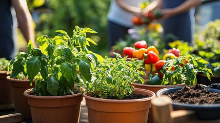 Wall Mural - Close-up of potted green plants with red and yellow peppers in the background