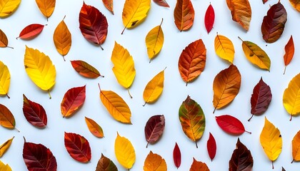 Wall Mural - Flat lay of vibrant autumn leaves on a white background showcasing a stunning pattern of yellow and colorful hues