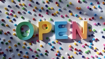 Wall Mural - Colorful Foam Letters Spelling Open Surrounded by Multicolored Dots