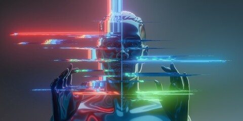 Wall Mural - A 3D render of a medium shot of a face with a glitchy aura
