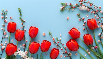 Wall Mural - Romantic composition of red tulip flowers on a pastel blue background for Easter, Birthday, and Happy Womens Day celebration