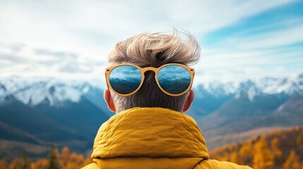 Wall Mural - A person wearing sunglasses while hiking in a mountainous landscape, showcasing the protective nature of sunglasses in outdoor activities.