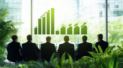 A businessman stands confidently at the front of a modern conference room, presenting to a corporate management team. Behind him, a large screen displays a sustainable growth chart, highlighting .