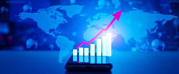 Abstract mobile phone and growth chart on smartphone screen. Stock market and finance concepts. Low poly wireframe vector illustration in futuristic light blue style on a technology background.