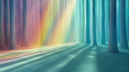 Sticker - A rainbow shines through the trees in a forest, AI