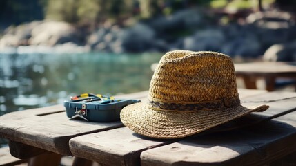 Wall Mural - A straw hat resting on a wooden table by a serene lake, suggesting leisure and relaxation.