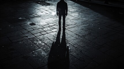 Poster - Dark shadow of a lonely person on the ground in the street. Stranger with a cigarette. Anxiety, depression, loneliness, fear concept 