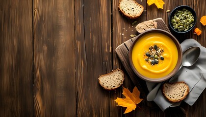 Wall Mural - Autumn pumpkin cream soup with croutons and seeds on rustic wooden board, showcasing comforting vegetarian and vegan flavors in a warm, inviting setting