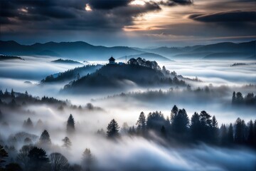 Poster - Misty mountain landscape at sunrise with rolling fog