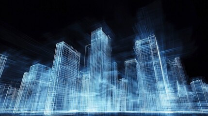 Poster - X-ray style city architecture in light blue and white, showcasing dynamic light and shadow interplay against a striking black background 