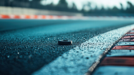 A close up shot of an empty F1 track, focusing on discarded tire on asphalt. scene captures essence of speed and precision, evoking sense of nostalgia for racing enthusiasts