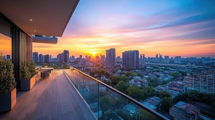 Stunning sunset view from a modern balcony overlooking a vibrant city skyline, filled with colors that inspire tranquility.