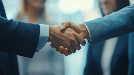 A group of business professionals stands in a sleek, modern office, engaging in a warm handshake. Two individuals at the center of the scene are shaking hands, symbolizing a successful collaboration.