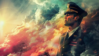 Contemplative Military Officer Amidst a Surreal Sky