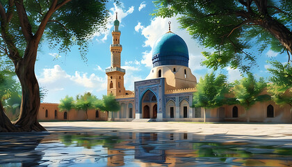 Ancient Islamic Architecture in a Serene Atmosphere with Green Trees Under a Blue Sky