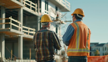 two construction workers in hard hats and safety vests overlook a building under construction