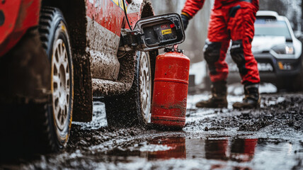 Refueling rally car in muddy conditions, showcasing teamwork and precision. red fuel canister contrasts with dirt, emphasizing challenging environment