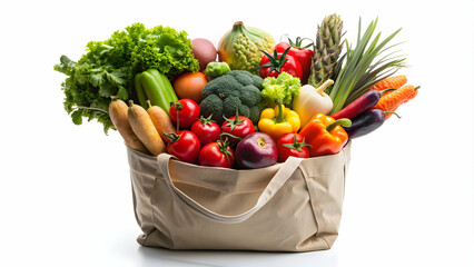 a bag of fresh produce including fruits and vegetables on a clean white background, fresh, produce, 