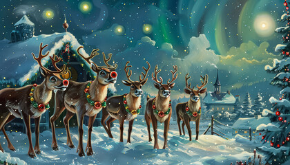 Wall Mural - A Christmas scene with a sleigh and a house