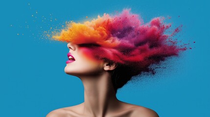 Wall Mural - a woman with a colorful explosion of hair and makeup. the image is a representation of the idea of c