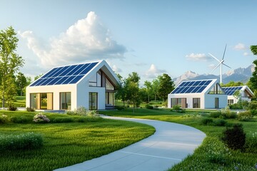 Futuristic eco friendly homes featuring sleek minimalist architecture curved lines and geometric shapes gleaming solar panels and wind turbines and smart home technologies controlling lighting