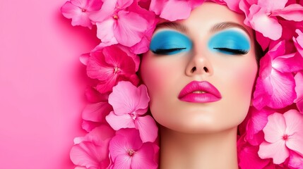 A woman with blue eyes and pink lips is surrounded by pink flowers. The flowers are arranged in a way that they cover her face and neck, creating a beautiful and natural look. Scene is one of elegance