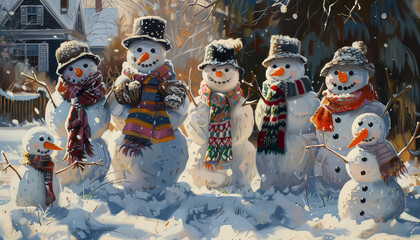 Wall Mural - A group of snowmen are standing in the snow with scarves around their necks