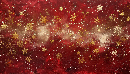 Poster - A painting of a red background with gold stars and snowflakes