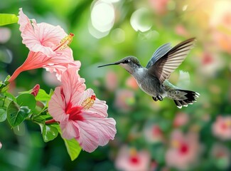 Wall Mural - Hummingbird in Flight with Pink Flowers