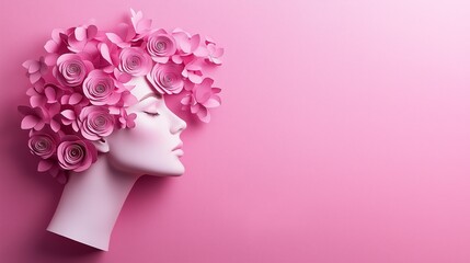 A woman's face with pink flowers on it. The woman's face is white and the flowers are arranged in a way that they cover her entire head. The flowers are of different sizes