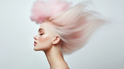 Wall Mural - a woman with pink hair and a cloud on her head. the hair is styled in a way that it looks like it's 