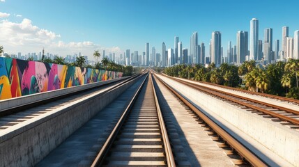 Panoramic skyline over a metropolitan area, busy highways with colorful street art on elevated tracks, 3D CGI rendering, meticulous textures, and intricate architectural details