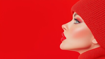 Wall Mural - a woman with red hair and red clothing is wearing a red hat. she is wearing red lipstick and has her