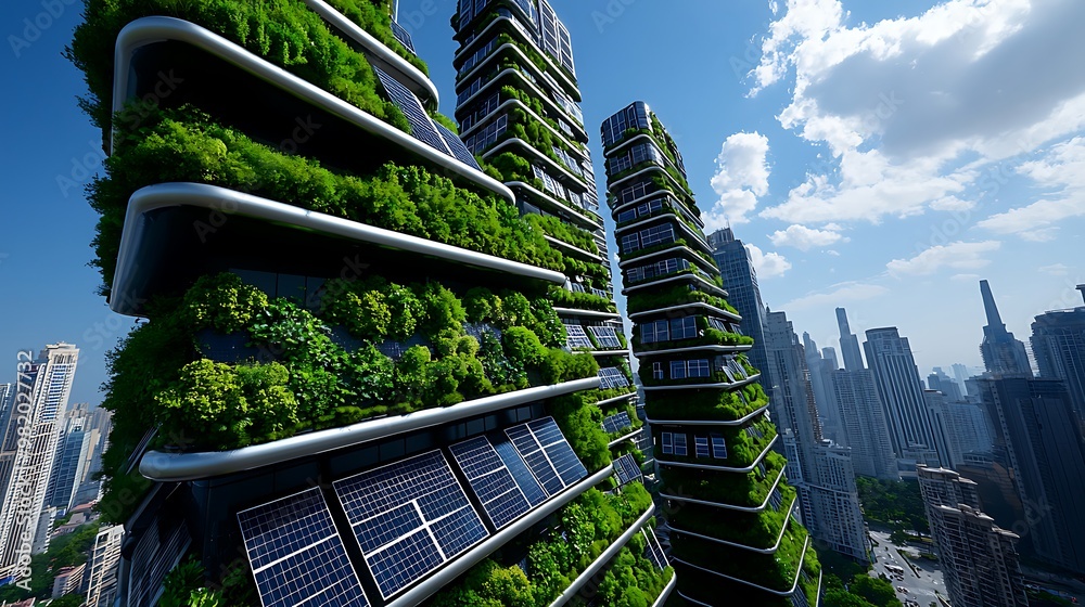A green skyscraper towers over the city, its eco-friendly design ...