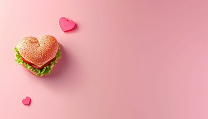 Heart shaped burger on pink background with hearts