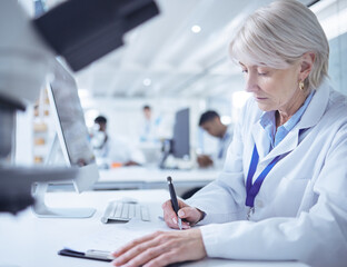Aufkleber - Mature scientist, writing and medical research in chemistry lab for science experiment in pharmaceutical. Female person, clipboard and results in pathology test, analysis and mpox vaccine in Denmark