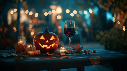 A cozy Halloween gathering featuring a carved pumpkin on a table with wine and autumn decorations