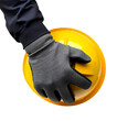 © Shilpi - Male hand wearing working glove holding yellow hard hat on Isolated transparent background png. generated with AI