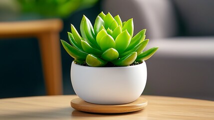 A green succulent plant sits elegantly in a white pot on a wooden table, a touch of nature indoors.