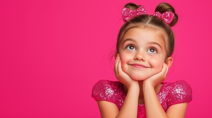 Sticker - A young girl in a pink dress is looking up at the camera with a smile on her face