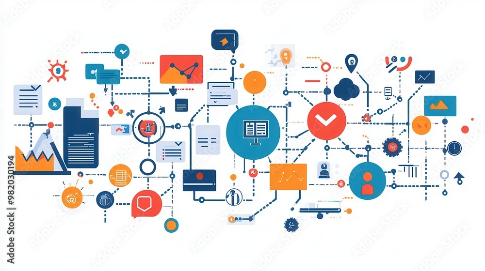 Editable Interconnected Infograph Colorful infographic network showcasing various interconnected icons ...