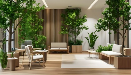 Wall Mural - Inviting modern waiting room with comfortable wooden chairs and lush greenery for a calming atmosphere during job interviews and business meetings