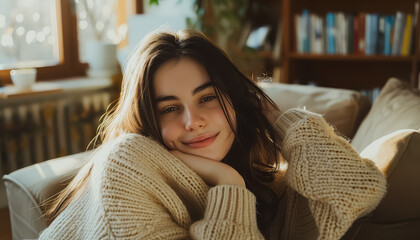 Poster - A woman is sitting on a couch with her arms around her neck