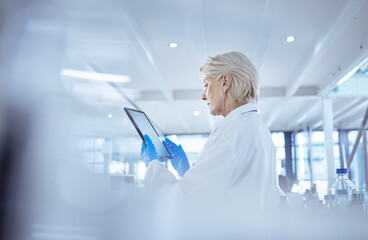 Poster - Mature scientist, tablet and medical research in chemistry lab for science experiment in healthcare. Female person, technology and results in pharmaceutical test, analysis or mpox vaccine in hospital