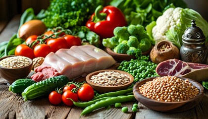 Artful arrangement of fresh organic vegetables, whole grains, and lean proteins on rustic wooden table, celebrating wholesome diet and nutritious meal preparation