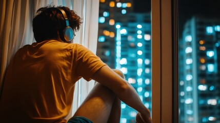 Canvas Print - A man with headphones sitting on a window sill looking out at city lights, AI