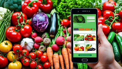 Wall Mural - Digital grocery shopping: colorful vegetables and organic products ordered through smartphone for a healthy lifestyle