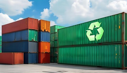 Wall Mural - Stacked cargo containers showcasing green recycling symbols for eco-friendly transportation of recyclable materials