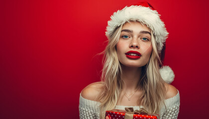 Wall Mural - A woman in a red background with a white hat and a red present