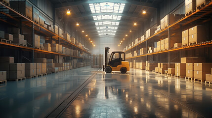 Aufkleber - A modern logistics platform, large warehouse filled with neatly stacked cardboard boxes, forklifts moving pallets, bright industrial lighting, spacious and organized environment. Generative AI.